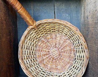 Vintage Round Wicker Basket with Pan Handle -Small Woven Basket Wall Display