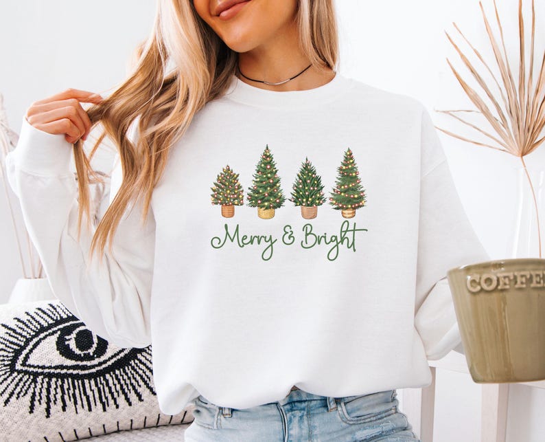 Merry and Bright Sweatshirt, Christmas Tree Sweater, Merry Christmas Sweater, Pine Tree Sweater, Kids Christmas Sweater, Women Christmas image 4