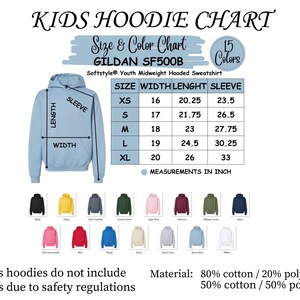 the kids hoodie chart shows the sizes and colors of the hoodie
