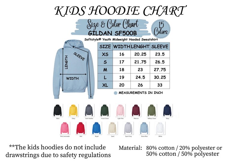 the kids hoodie chart shows the sizes and colors of the hoodie