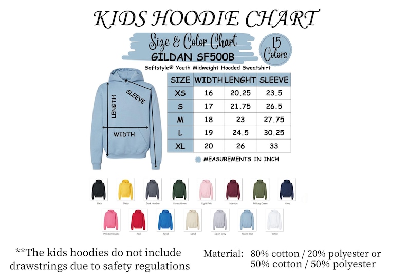 the kids hoodie chart shows the sizes and colors of the hoodie