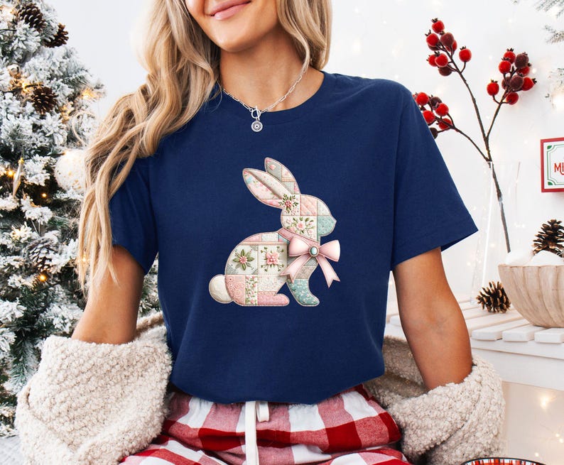 Pink Bunny T-shirt, Faux Patchwork Shirt, Easter Gift Tshirt, Kids Rabbit Tee, Easter Day Gift image 3