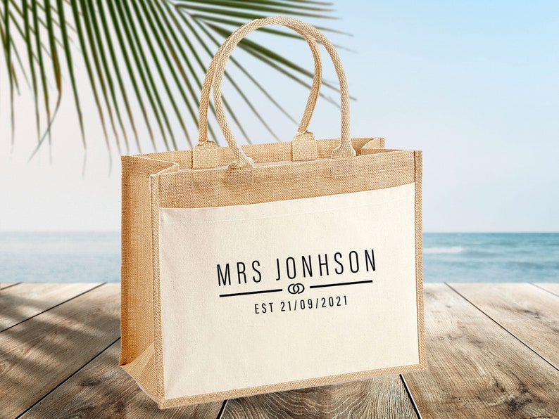 Personalised Mrs Tote Bag, Custom Wifey Jute Bag, Cute Wife Bag, Honeymoon Bride Tote Bag, Bridal Party Gift, Newlywed Bag, Just Married Bag 