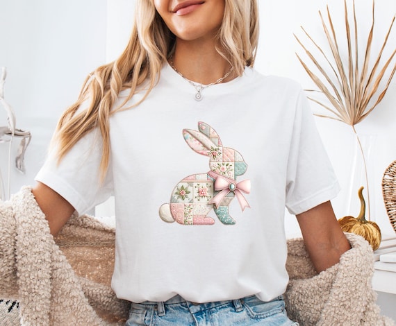 Pink Bunny T-shirt, Faux Patchwork Shirt, Easter Gift Tshirt, Kids Rabbit Tee, Easter Day Gift