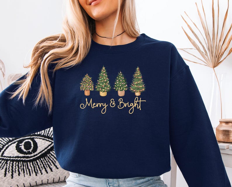 Merry and Bright Sweatshirt, Christmas Tree Sweater, Merry Christmas Sweater, Pine Tree Sweater, Kids Christmas Sweater, Women Christmas image 5