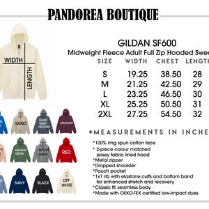 May include: Cream-colored Gildan SF600 midweight fleece adult full-zip hooded sweatshirt. The image shows the width, chest, and length measurements in inches for sizes S to 2XL. Additional colors include royal blue, sand, dark grey heather, maroon, dusty rose, military green, sport grey, red, stone blue, navy, black, and off white.