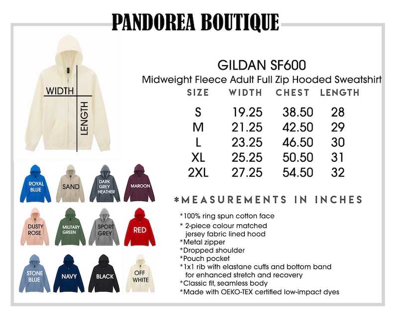 May include: Cream-colored Gildan SF600 midweight fleece adult full-zip hooded sweatshirt. The image shows the width, chest, and length measurements in inches for sizes S to 2XL. Additional colors include royal blue, sand, dark grey heather, maroon, dusty rose, military green, sport grey, red, stone blue, navy, black, and off white.