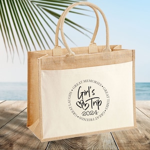 Girls Trip Jute Bag, Girls Trip Gifts, Jute Beach Bag, Canvas Tote Bag, Girl&#39;s Trip Bag, Girl&#39;s Party Bag, Girls Weekend Bag, Large Jute Bag