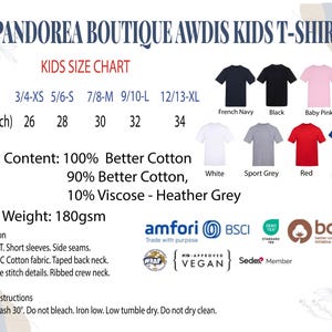 The image is a children's t-shirt size chart from the Pandaerea Boutique, featuring various t-shirt designs and sizes.