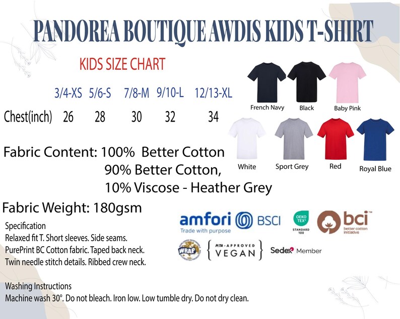 The image is a children's t-shirt size chart from the Pandaerea Boutique, featuring various t-shirt designs and sizes.