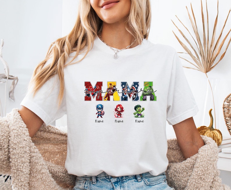 Custom Mama Superhero Shirt, Avengers Mothers Day T-shirt, Personalised Mum Tee With Kids Names, Heroes Gift Bild 1