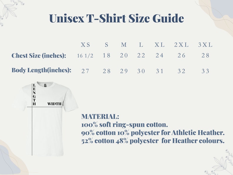 May include: Unisex T-shirt size guide with measurements in inches for chest and body length. Sizes range from XS to 3XL. Material information is included: 100% soft ring-spun cotton, 90% cotton 10% polyester for Athletic Heather, 52% cotton 48% polyester for Heather colors.