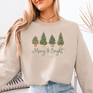Merry and Bright Sweatshirt, Christmas Tree Sweater, Merry Christmas Sweater, Pine Tree Sweater, Kids Christmas Sweater, Women Christmas image 1