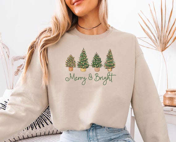 Merry and Bright Sweatshirt, Christmas Tree Sweater, Merry Christmas Sweater, Pine Tree Sweater, Kids Christmas Sweater, Women Christmas