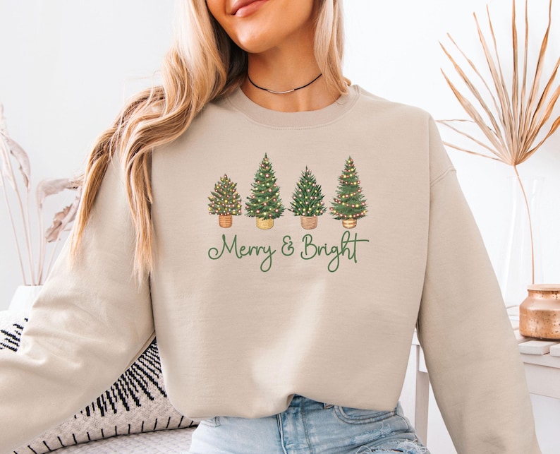 Merry and Bright Sweatshirt, Christmas Tree Sweater, Merry Christmas Sweater, Pine Tree Sweater, Kids Christmas Sweater, Women Christmas image 1