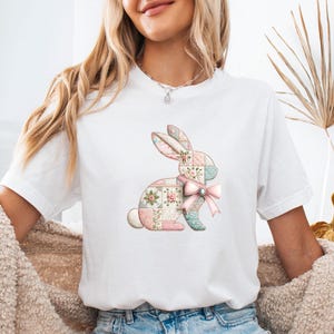 Pink Bunny T-shirt, Faux Patchwork Shirt, Easter Gift Tshirt, Kids Rabbit Tee, Easter Day Gift image 1