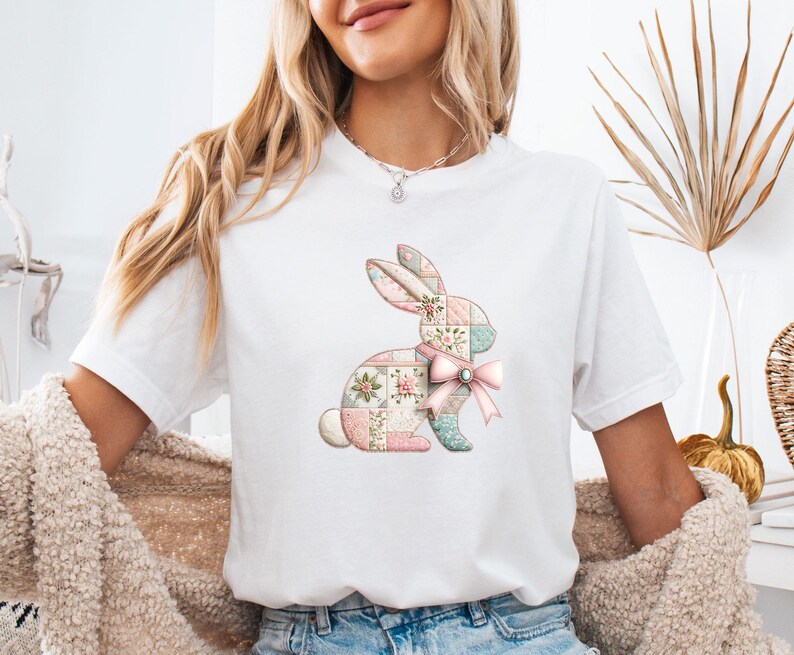 Pink Bunny T-shirt, Faux Patchwork Shirt, Easter Gift Tshirt, Kids Rabbit Tee, Easter Day Gift image 1