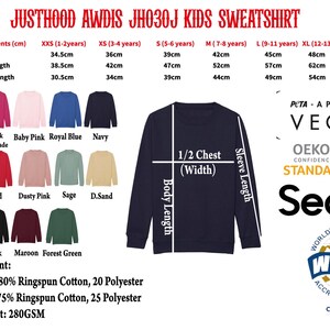 The image is a detailed size chart for a children's sweatshirt, including measurements for chest, body length, sleeve length, and other dimensions. It also displays a variety of different colored sweatshirts, along with their corresponding sizes. The image is a collage of multiple images, and it is not a single image but a collection of images that together provide a comprehensive view of the sweatshirt's size chart.