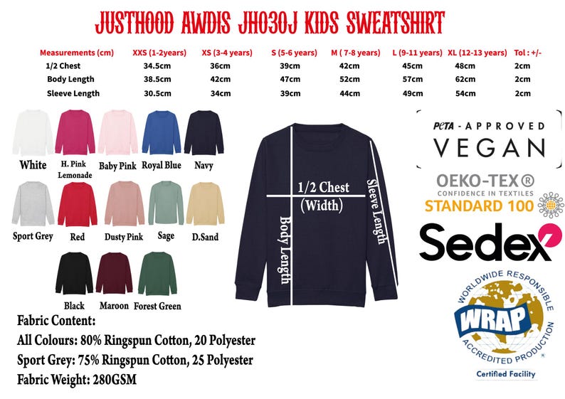The image is a detailed size chart for a children's sweatshirt, including measurements for chest, body length, sleeve length, and other dimensions. It also displays a variety of different colored sweatshirts, along with their corresponding sizes. The image is a collage of multiple images, and it is not a single image but a collection of images that together provide a comprehensive view of the sweatshirt's size chart.