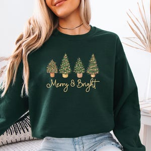 Merry and Bright Sweatshirt, Christmas Tree Sweater, Merry Christmas Sweater, Pine Tree Sweater, Kids Christmas Sweater, Women Christmas image 2