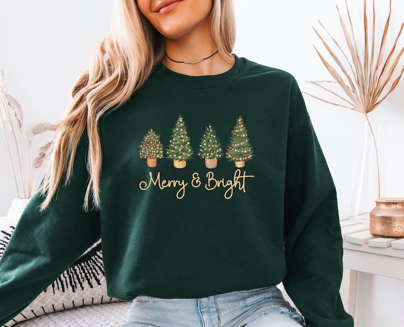 Merry and Bright Sweatshirt, Christmas Tree Sweater, Merry Christmas Sweater, Pine Tree Sweater, Kids Christmas Sweater, Women Christmas image 2