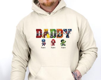 Custom Daddy Superhero Hoodie, Avengers Fathers Day Pullover, Personalised Dad With Kids Names, New Dad Heroes Gift