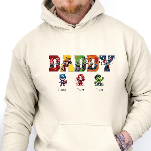Sudadera personalizada de superhéroe para papá, jersey de los Vengadores para el Día del Padre, personalizada para papá con los nombres de los niños, regalo para nuevos papás héroes