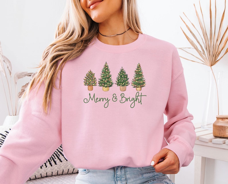 Merry and Bright Sweatshirt, Christmas Tree Sweater, Merry Christmas Sweater, Pine Tree Sweater, Kids Christmas Sweater, Women Christmas image 3