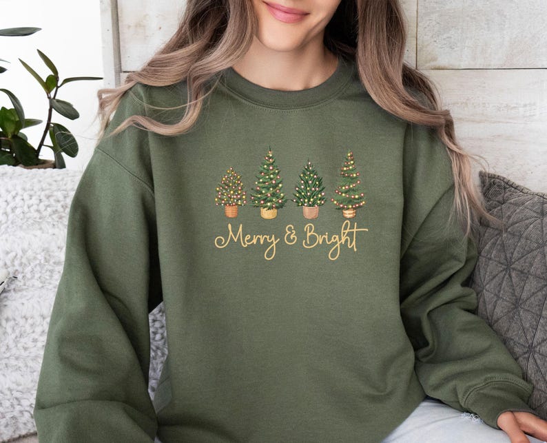 Merry and Bright Sweatshirt, Christmas Tree Sweater, Merry Christmas Sweater, Pine Tree Sweater, Kids Christmas Sweater, Women Christmas image 6