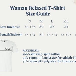 May include: Size chart for a relaxed fit t-shirt with measurements in inches for chest size and body length. The chart shows sizes S, M, L, XL, and 2XL. The material is 100% soft ring-spun cotton, 90% cotton 10% polyester for Athletic Heather, and 52% cotton 48% polyester for Heather colors.