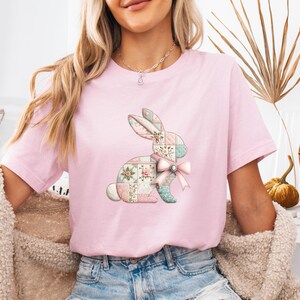 Pink Bunny T-shirt, Faux Patchwork Shirt, Easter Gift Tshirt, Kids Rabbit Tee, Easter Day Gift image 2