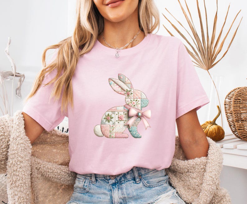 Pink Bunny T-shirt, Faux Patchwork Shirt, Easter Gift Tshirt, Kids Rabbit Tee, Easter Day Gift image 2
