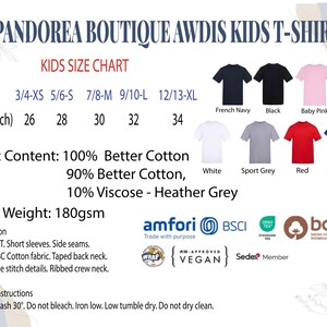 The image is a children's t-shirt size chart from the Pandaerea Boutique, featuring various t-shirt designs and sizes.