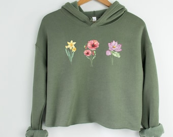 Birthday Hoodie, Birth Month Flower, Cropped Hoodie, Birth Flower Hoodie, Women Crop Top, Birth Flower Gift, 30th Birthday Gift, 18th Gift