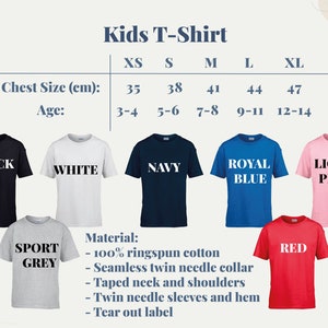 May include: Kids' T-shirt size chart with different color options: black, white, navy, royal blue, light pink, and red. The chart shows chest size in centimeters and age ranges for each size: XS (35 cm, 3-4 years), S (38 cm, 5-6 years), M (41 cm, 7-8 years), L (44 cm, 9-11 years), and XL (47 cm, 12-14 years). The material is 100% ringspun cotton with a seamless twin needle collar, taped neck and shoulders, twin needle sleeves and hem, and a tear out label.