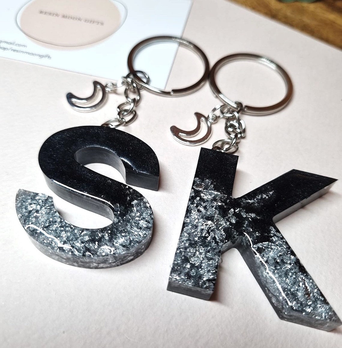 Epoxy Resin Alphabet Keychain in Black & Silver. Etsy