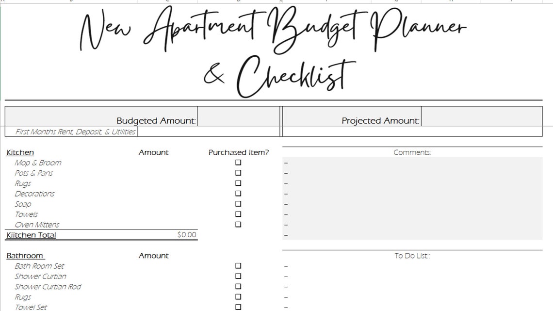 New Apartment Budget & Checklist Excel Document Etsy New Apartment Budget & Checklist Excel Document Etsy