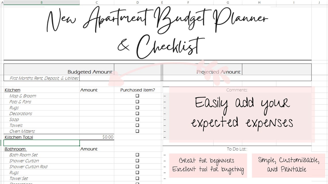 New Apartment Budget &amp; Checklist Excel Document - Etsy