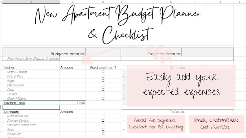New Apartment Budget &amp; Checklist Excel Document - Etsy