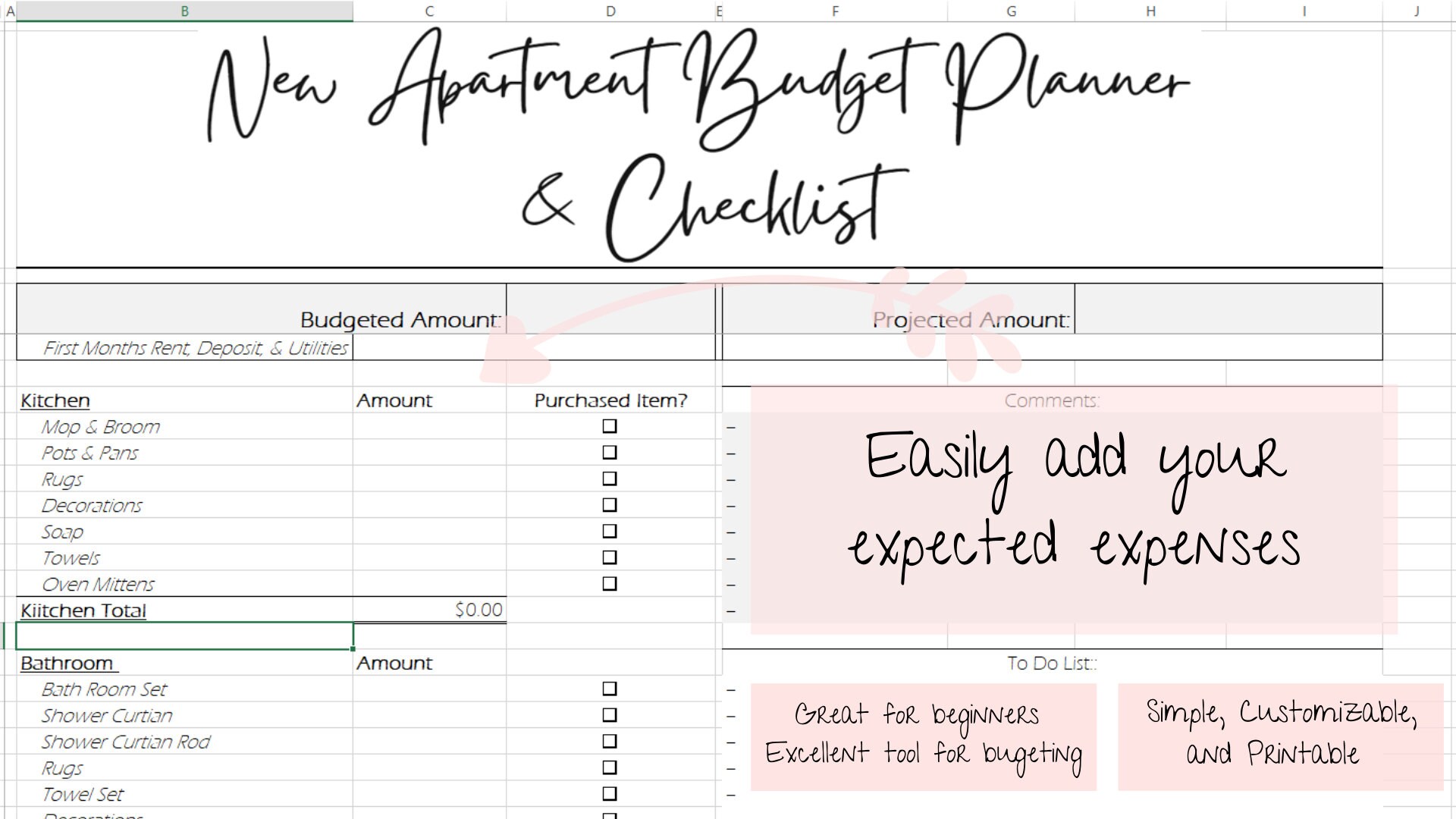 New Apartment Budget & Checklist Excel Document - Etsy
