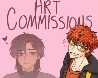 Op de afbeelding: Een digitale illustratie op een lichtroze achtergrond met de tekst ART COMMISSIONS bovenaan. Twee personages zijn afgebeeld: een met donkerbruin haar en een zachte uitdrukking, gelabeld REY ASH, en een met fel oranje haar, een bril en een grijns.