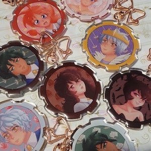 May include: Set of eight round, metallic, gear-shaped keychains with colorful images of anime characters. Each keychain features a different character with a unique design and background.