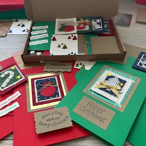 DIY Handmade Christmas Card Making Craft Kit: X4 Red and Green festive Cards designs.