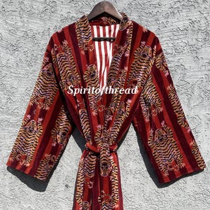 Tiger Print Cotton Velvet Kimono: Plus Size Long Velvet Robe