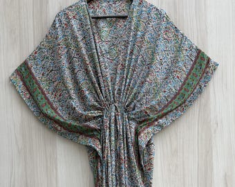 Vestido caftán de sari de seda hecho a mano: pareo de playa de lujo, caftán de talla grande n.° 15