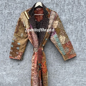 Handmade Patchwork Cotton Kantha Kimono: Indian Robe, Loungewear