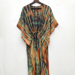 Handmade Tie Dye Crepe Silk Kaftan Dress: Bohemian Resort Gown # 10