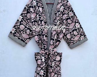 Handmade Block Print Cotton Kimono Robe: Floral Winter Jacket