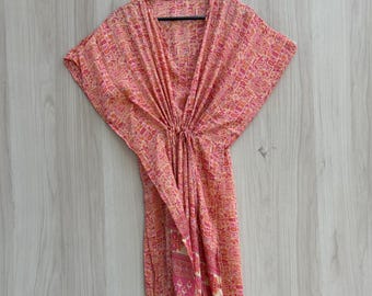 Caftán de seda crepé vintage indio para mujer, vestido largo de trabajo, caftán ligero de verano n.° 19