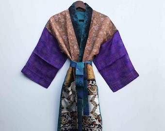 Vintage Indian Saree Silk Kimono Robe: Japanese Style Sleepwear # 270